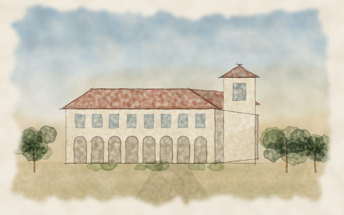 Watercolor illustration of a college campus building