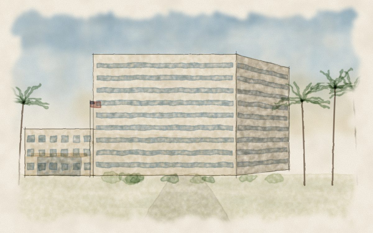 Watercolor illustration of a medical center